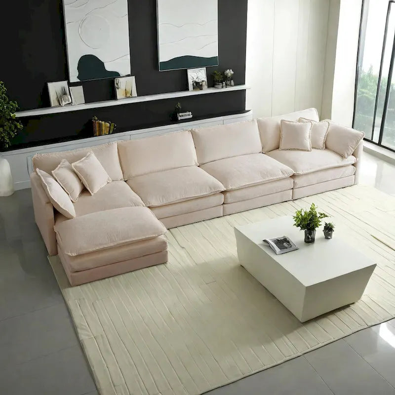 5-Piece Modular Chenille Upholstered L-Shaped Sectional Sofa with Ottoman