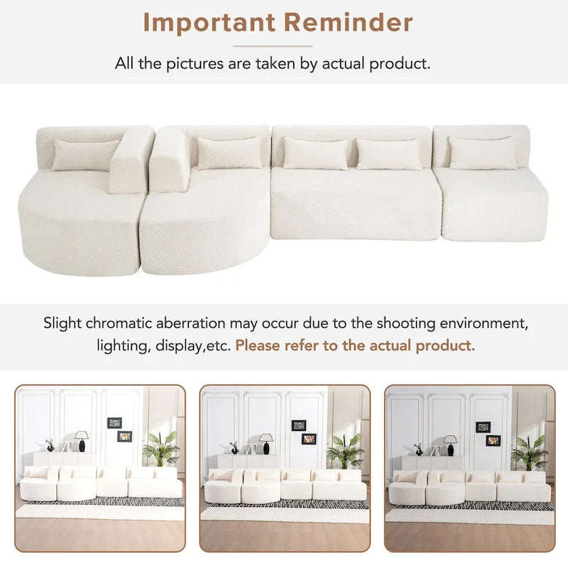 Upholstered Modular Sofa with 2 Curved Chaise Lounges and 5 Back Pillows, Free-Combination Sofa Couch for Living Room