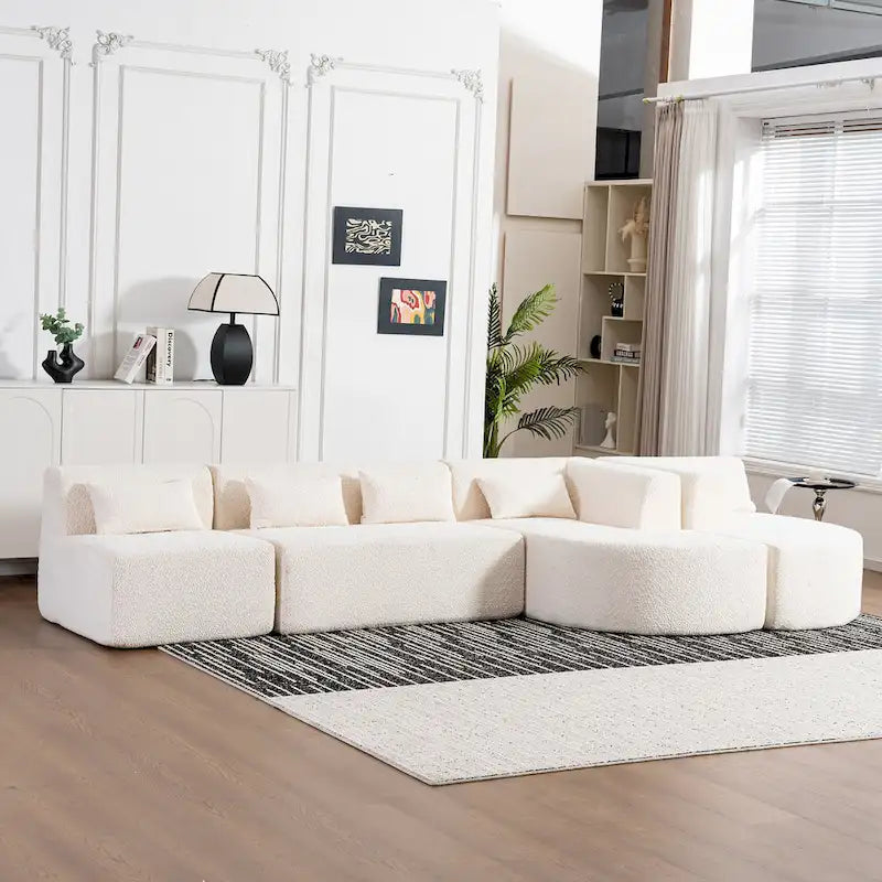 Upholstered Modular Sofa with 2 Curved Chaise Lounges and 5 Back Pillows, Free-Combination Sofa Couch for Living Room