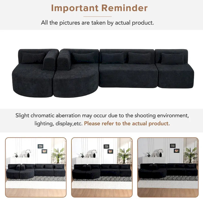 Upholstered Modular Sofa with 2 Curved Chaise Lounges and 5 Back Pillows, Free-Combination Sofa Couch for Living Room