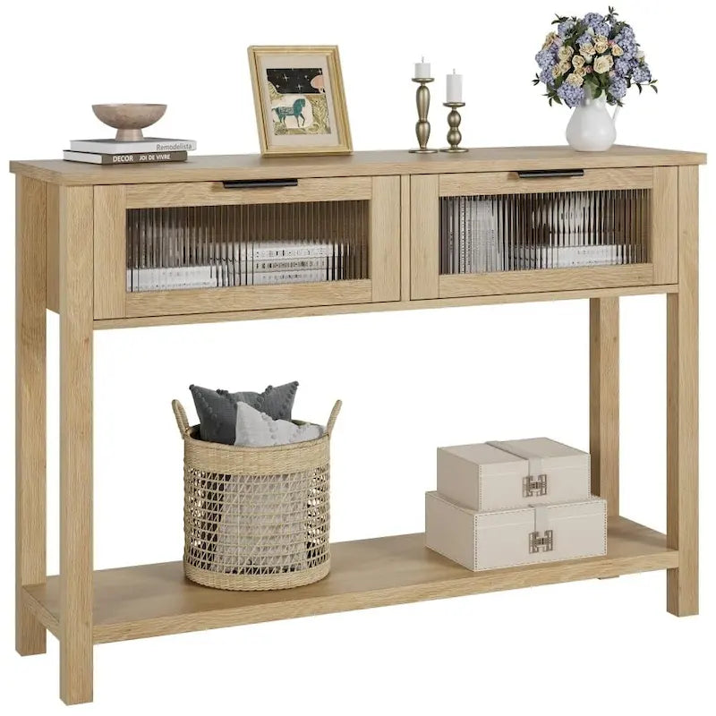 Farmhouse Console Table with 2 Glass Drawers & Shelf for Entryway Living Room