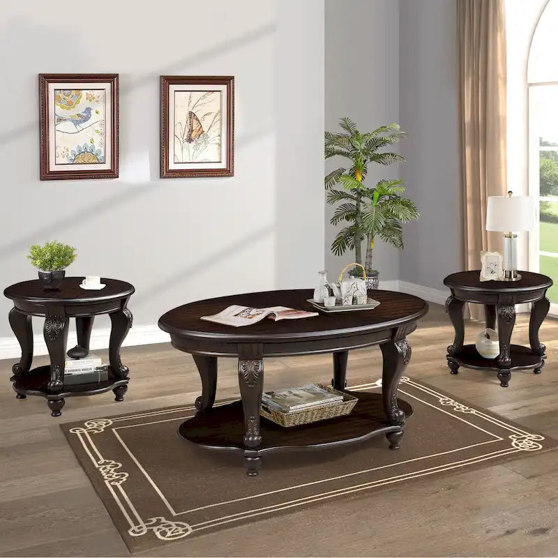 Modern Coffee Table Set Coffee Table and 2 End Side Tables 3-Piece Set with Rounded Corners, for Living Room