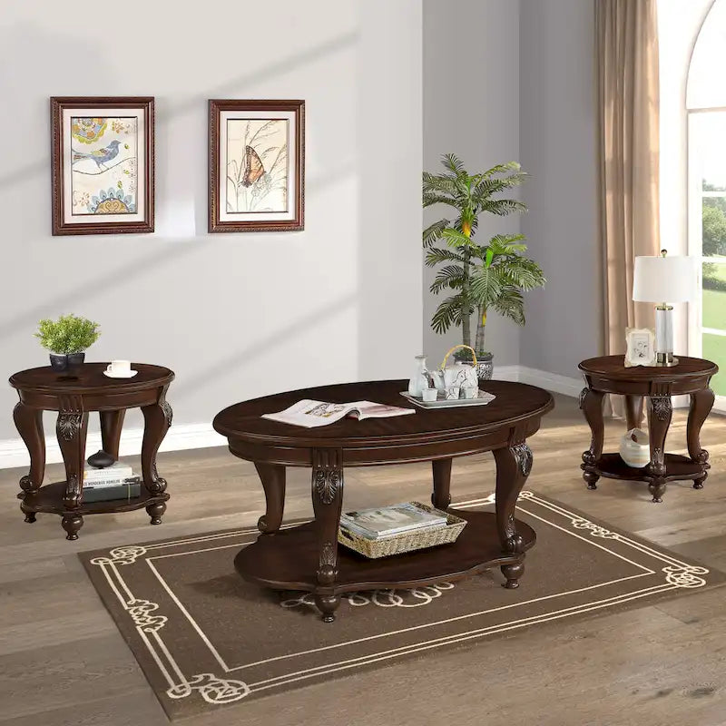Modern Coffee Table Set Coffee Table and 2 End Side Tables 3-Piece Set with Rounded Corners, for Living Room