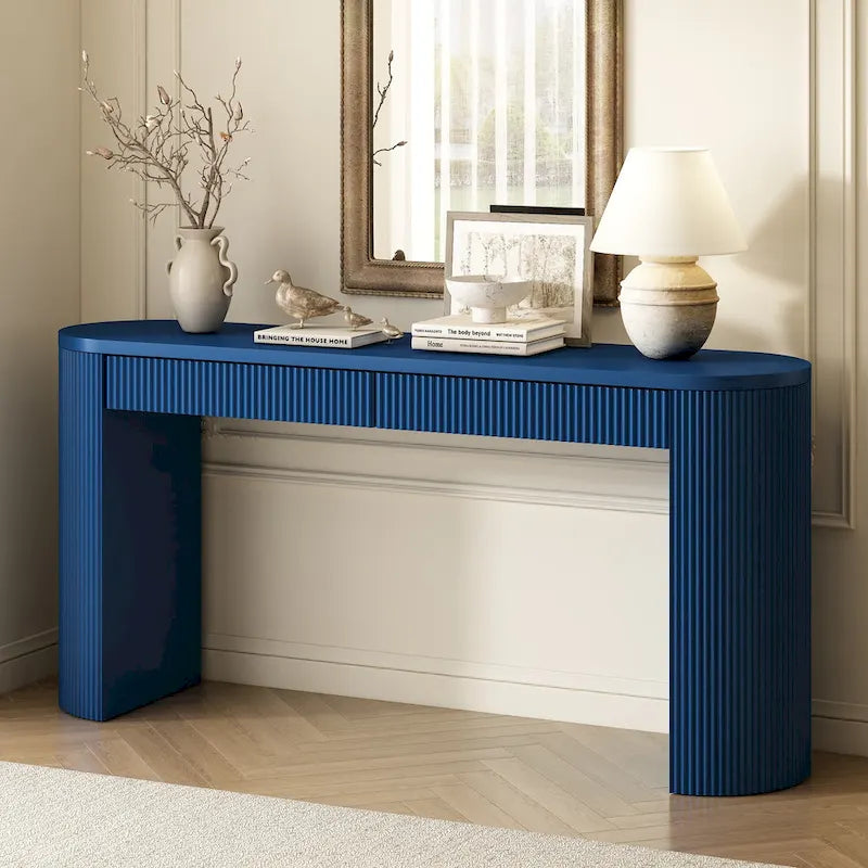 Modern Curved Console Table with Drawers, Long Sofa Side Table Narrow Entryway Table for Living Room Hallway