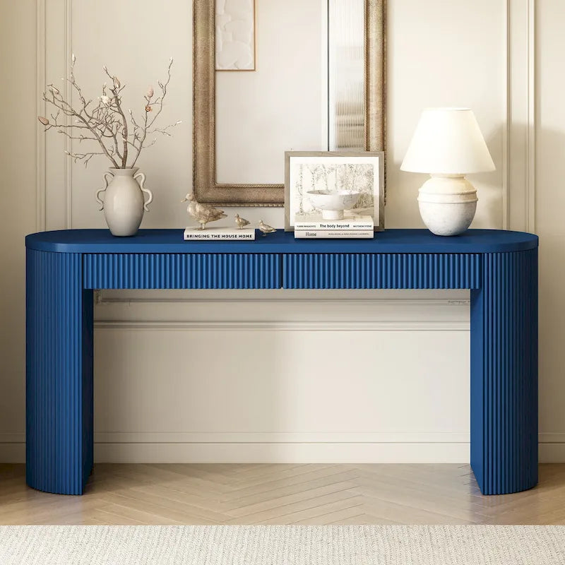 Modern Curved Console Table with Drawers, Long Sofa Side Table Narrow Entryway Table for Living Room Hallway