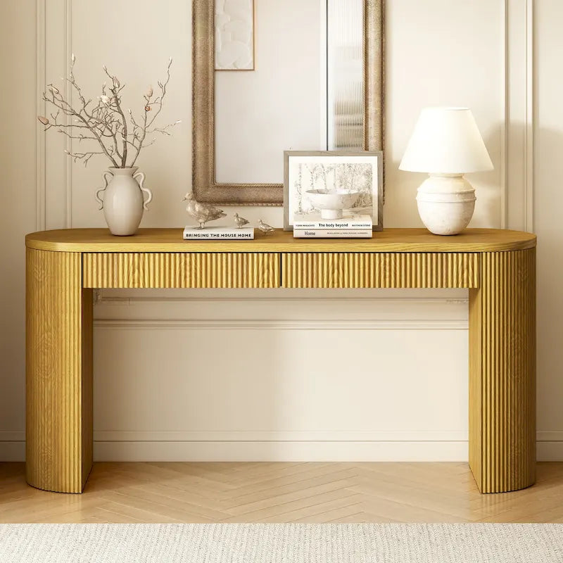 Modern Curved Console Table with Drawers, Long Sofa Side Table Narrow Entryway Table for Living Room Hallway