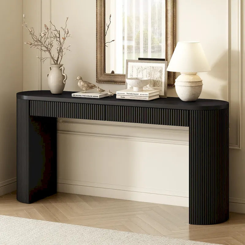 Modern Curved Console Table with Drawers, Long Sofa Side Table Narrow Entryway Table for Living Room Hallway