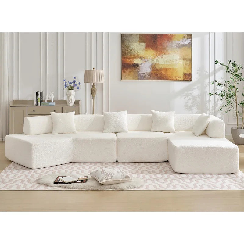 White 140 Oversized Boucle Upholstered L-Shaped Modular Sectional Sofa, 3-piece Free Combination, No Assembly Required