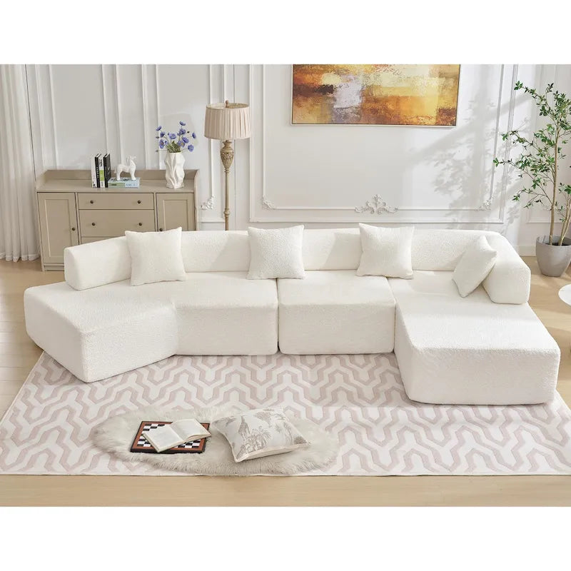 White 140 Oversized Boucle Upholstered L-Shaped Modular Sectional Sofa, 3-piece Free Combination, No Assembly Required