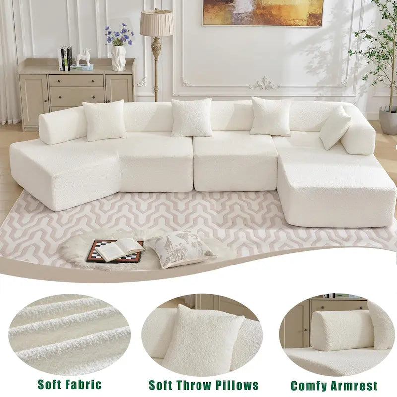 White 140 Oversized Boucle Upholstered L-Shaped Modular Sectional Sofa, 3-piece Free Combination, No Assembly Required