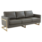 LeisureMod Lincoln Modern Upholstered Leather Sofa with Gold Frame - 83