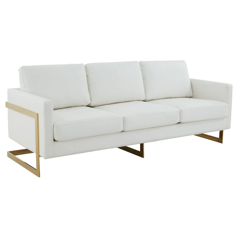 LeisureMod Lincoln Modern Upholstered Leather Sofa with Gold Frame - 83