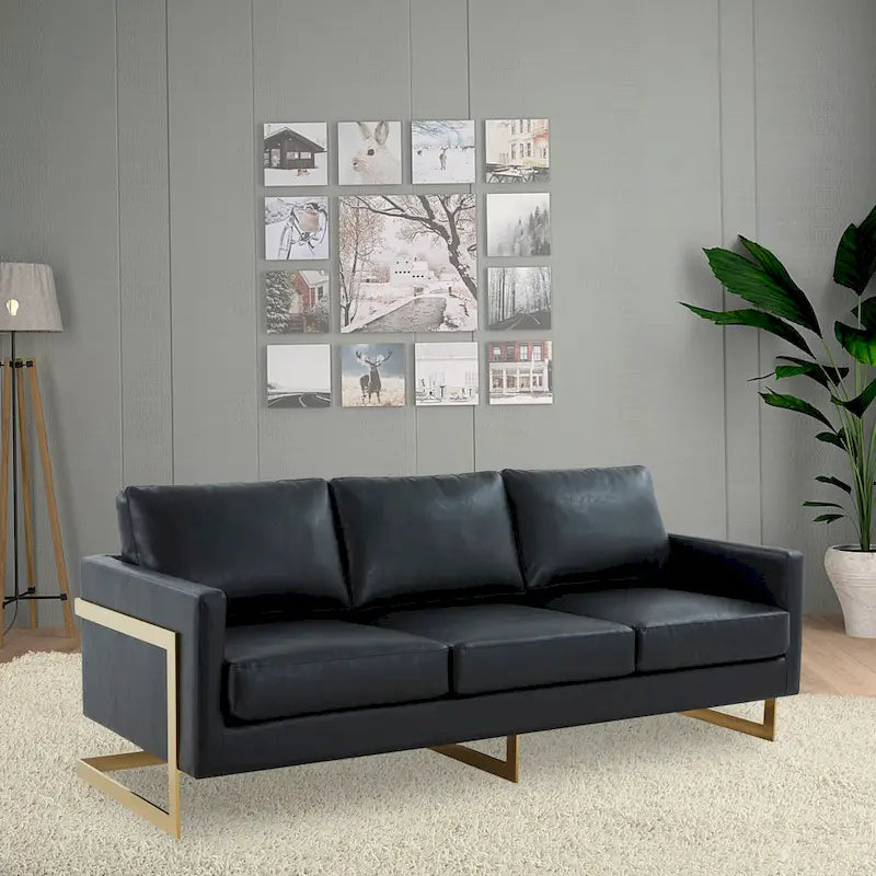 LeisureMod Lincoln Modern Upholstered Leather Sofa with Gold Frame - 83
