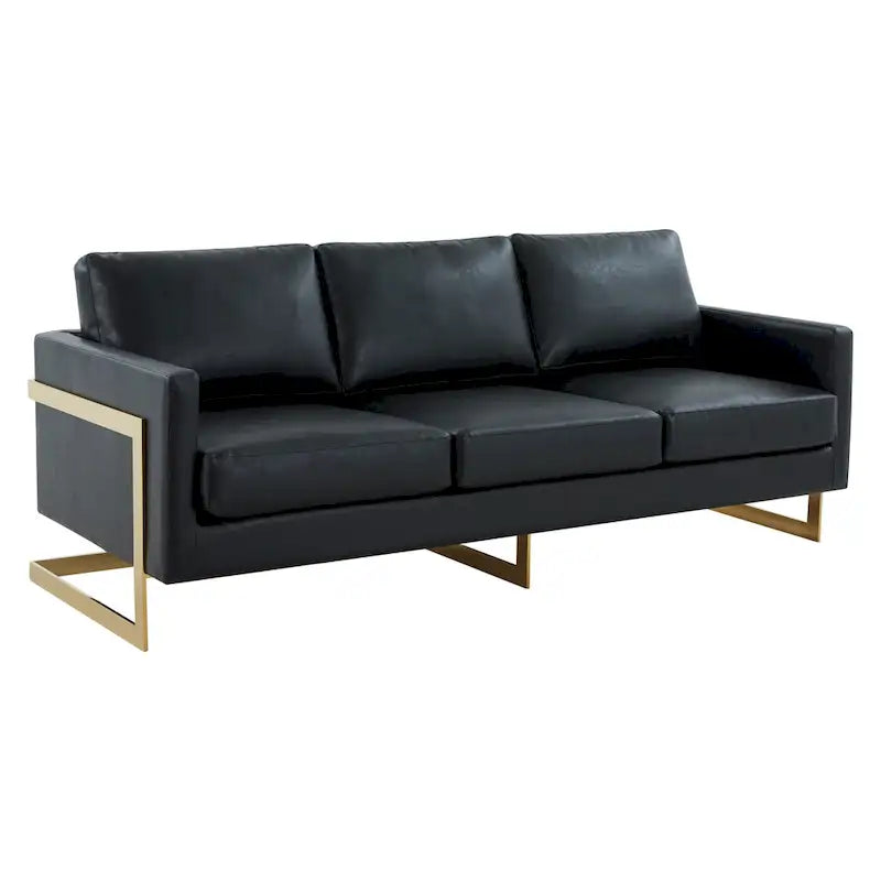 LeisureMod Lincoln Modern Upholstered Leather Sofa with Gold Frame - 83