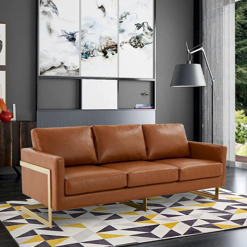 LeisureMod Lincoln Modern Upholstered Leather Sofa with Gold Frame - 83