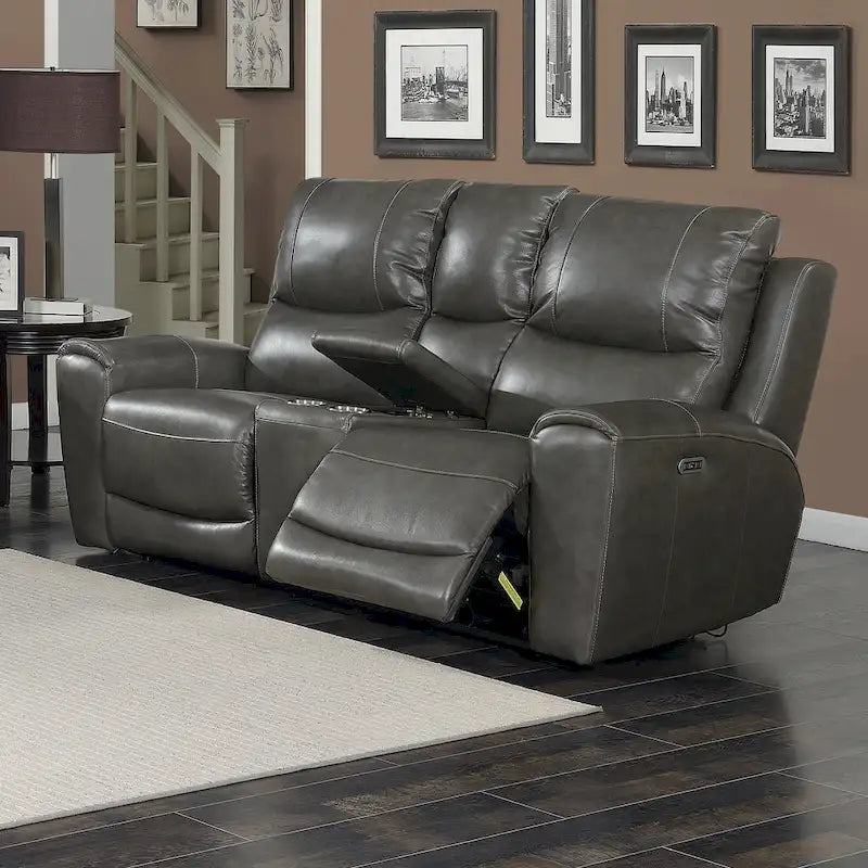Leather Reclining Engineered Wood Loveseat With Storage Console - Ivory - Photo 1