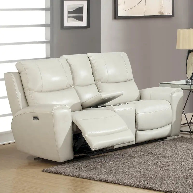 Leather Reclining Engineered Wood Loveseat With Storage Console - Grey - Photo 2