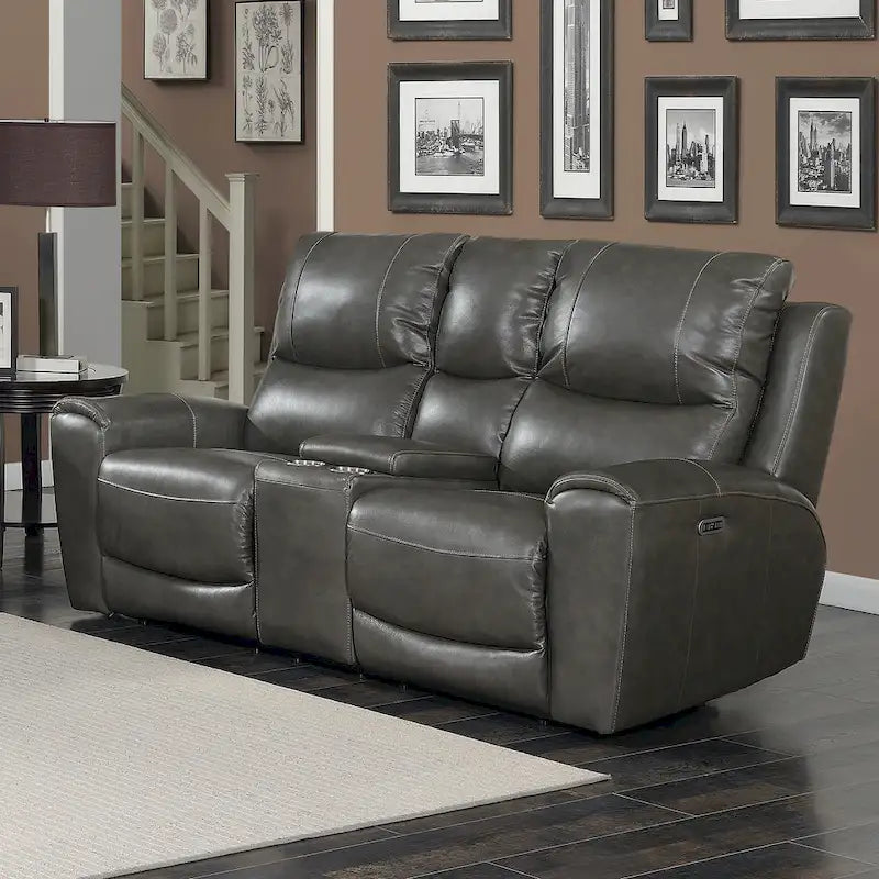 Leather Reclining Engineered Wood Loveseat With Storage Console - Photo 3
