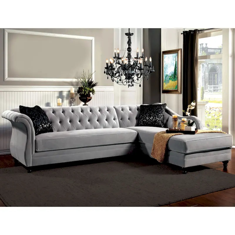 Transitional Velvet Upholstered Tufted Back Solid Wood Sectional