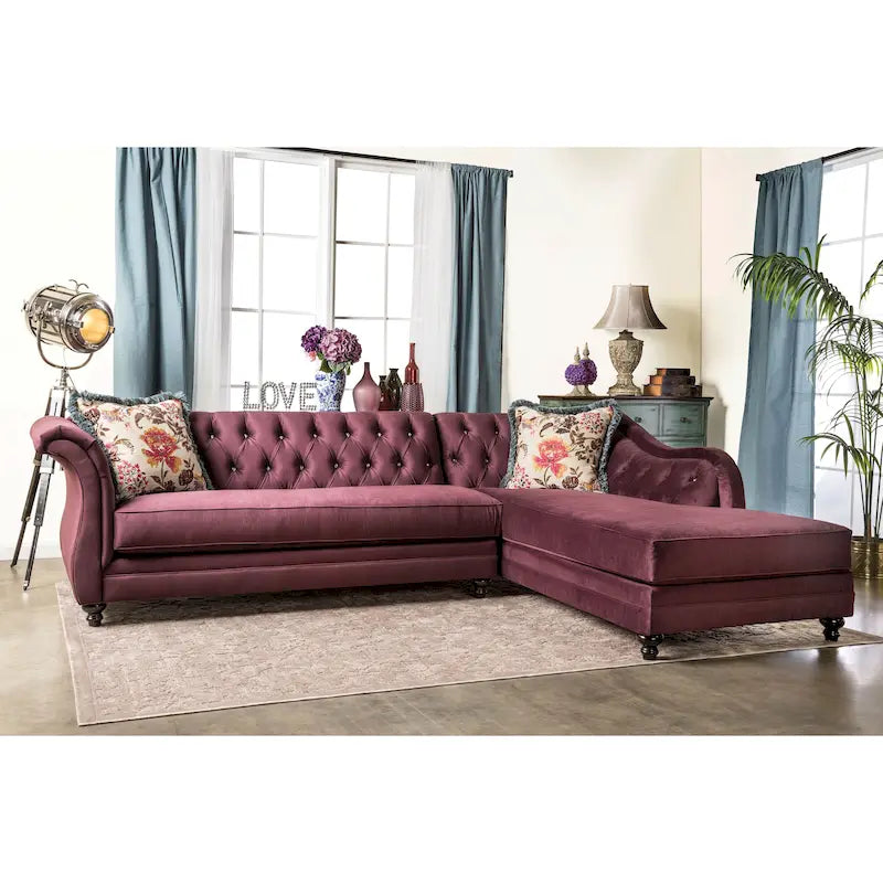 Transitional Velvet Upholstered Tufted Back Solid Wood Sectional
