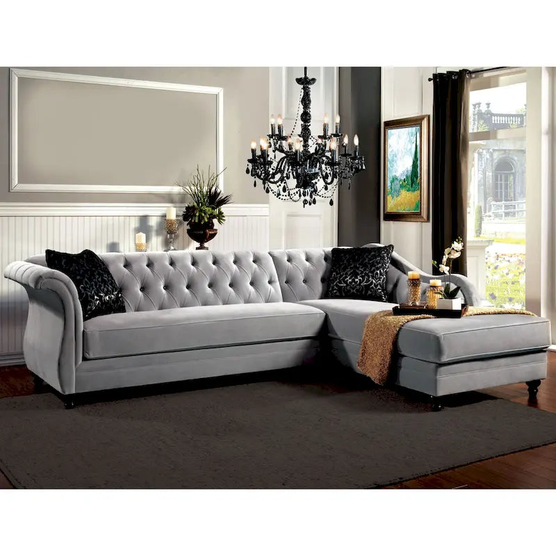Transitional Velvet Upholstered Tufted Back Solid Wood Sectional - Photo 5