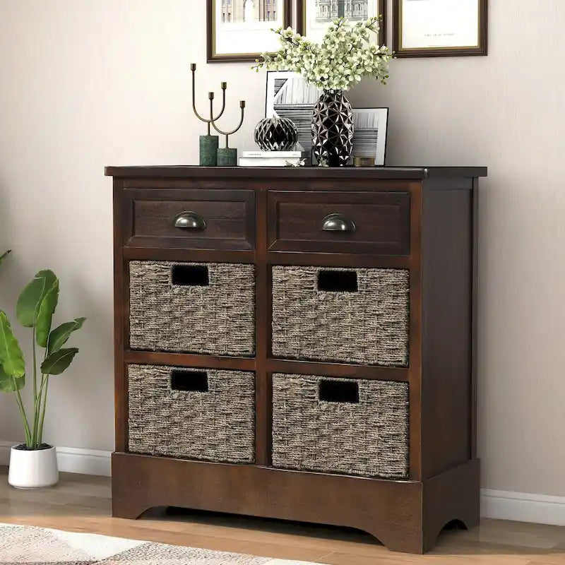 Storage Cabinet with Two Drawers and Four Classic Rattan Basket