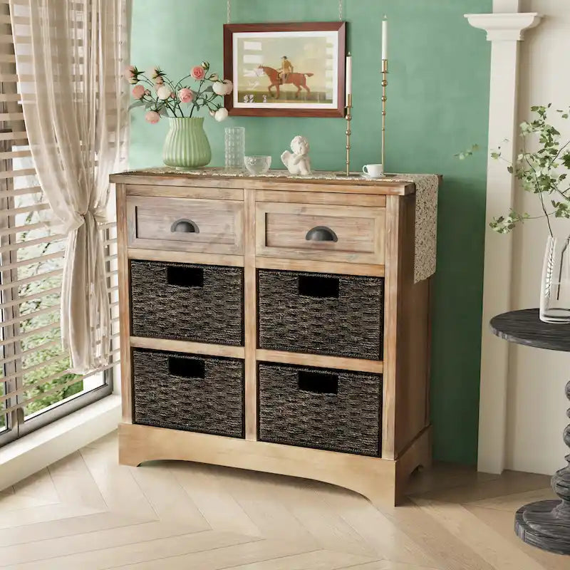 Storage Cabinet with Two Drawers and Four Classic Rattan Basket