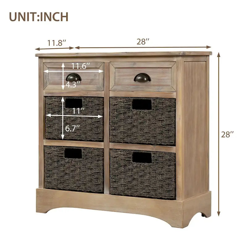 Storage Cabinet with Two Drawers and Four Classic Rattan Basket