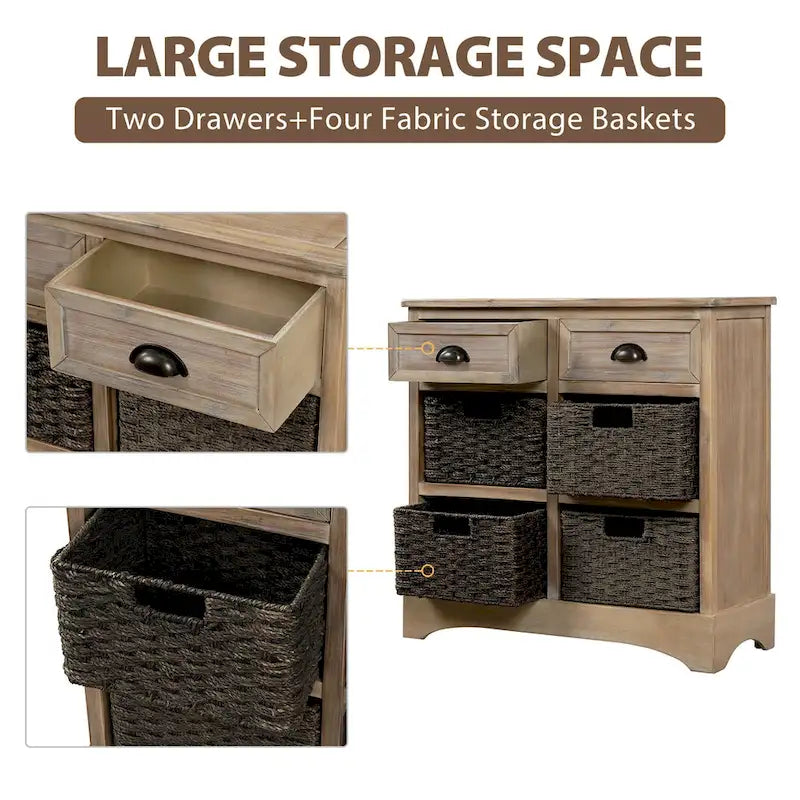 Storage Cabinet with Two Drawers and Four Classic Rattan Basket