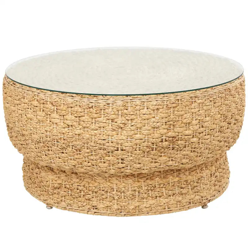 Rattan and Seagrass Handmade Woven Tapered Coffee Table or Accent Table with Glass Top Brown Roche River Decor