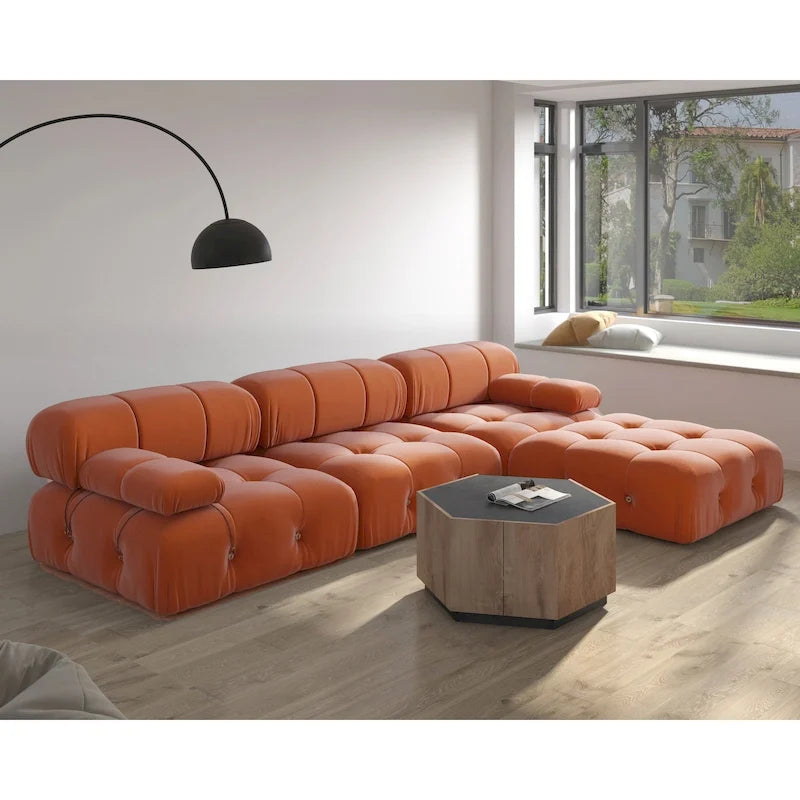 104 Wide Velvet Reversible Modular Sofa & Chaise with Ottoman