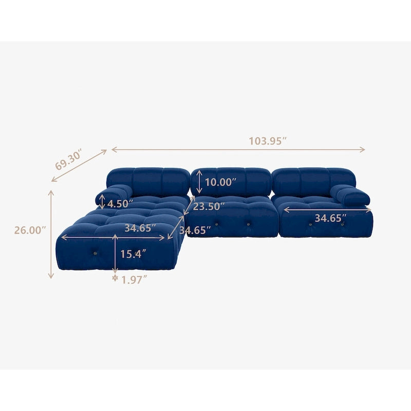 104 Wide Velvet Reversible Modular Sofa & Chaise with Ottoman