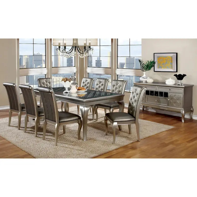 Leather Tufted 9 - Glass Tempered Glass Dining Table With Leaf Set - Champagne - Photo 1
