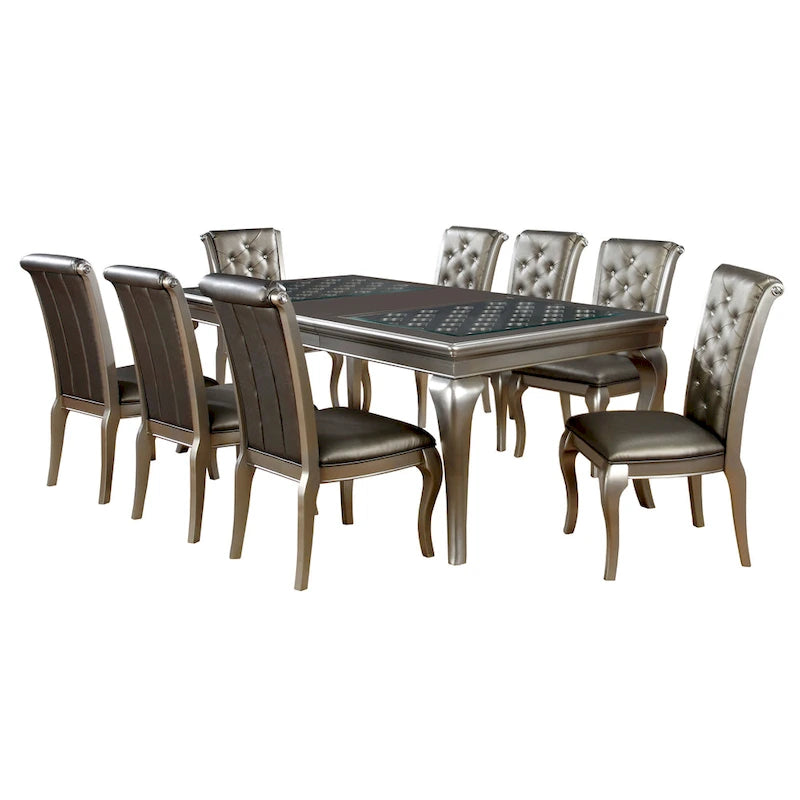 Leather Tufted 9 - Glass Tempered Glass Dining Table With Leaf Set - Champagne - Photo 5