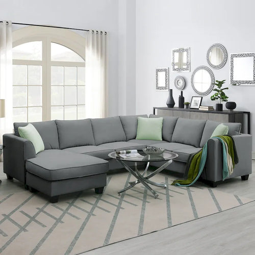 112*87 Sectional Sofa Couches Living Room Sets 7 Seats Modular Sectional Sofa with 3 Pillows, Grey