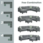 112*87 Sectional Sofa Couches Living Room Sets 7 Seats Modular Sectional Sofa with 3 Pillows, Grey