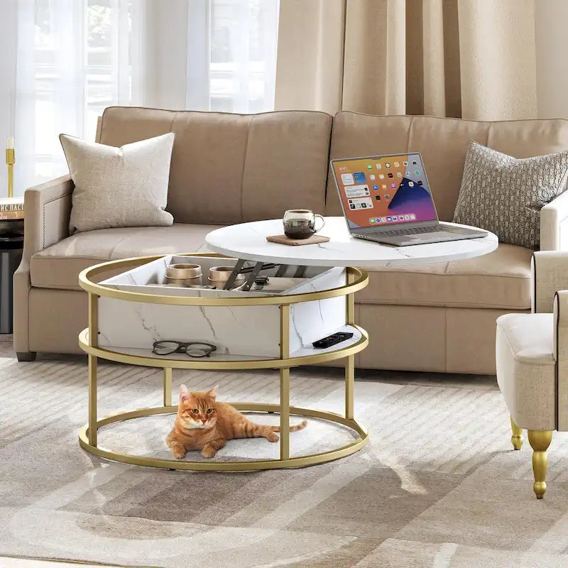 Round Lift Top Coffee Table White Marbling Top and Gold Frame