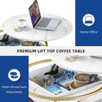 Round Lift Top Coffee Table White Marbling Top and Gold Frame