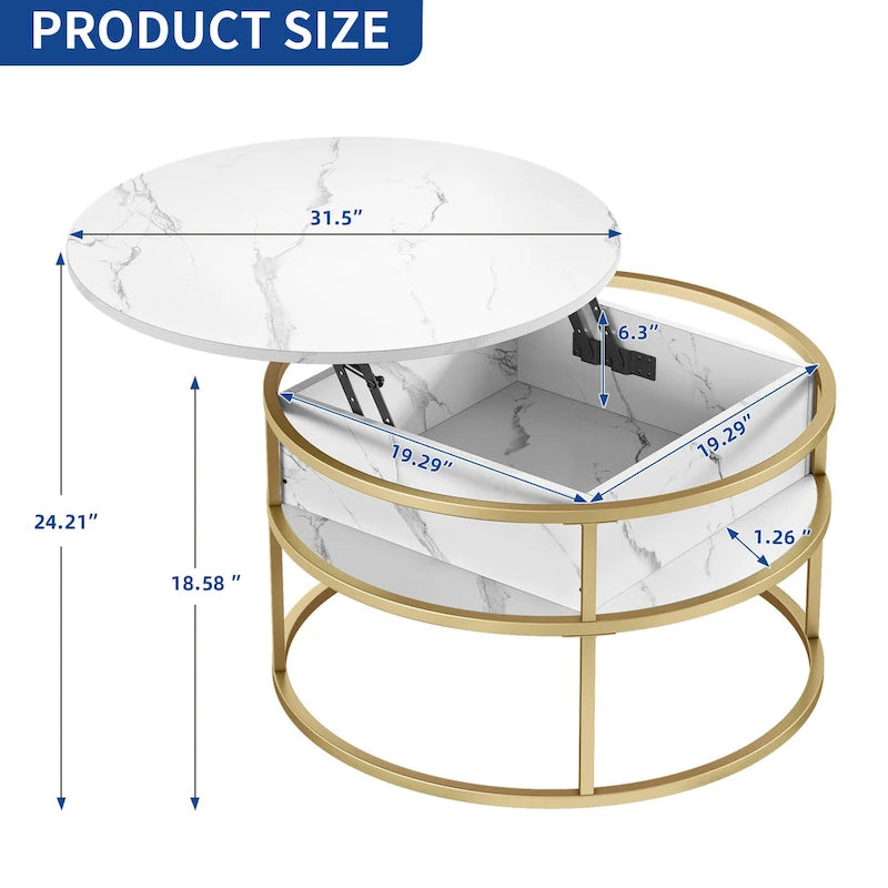 Round Lift Top Coffee Table White Marbling Top and Gold Frame