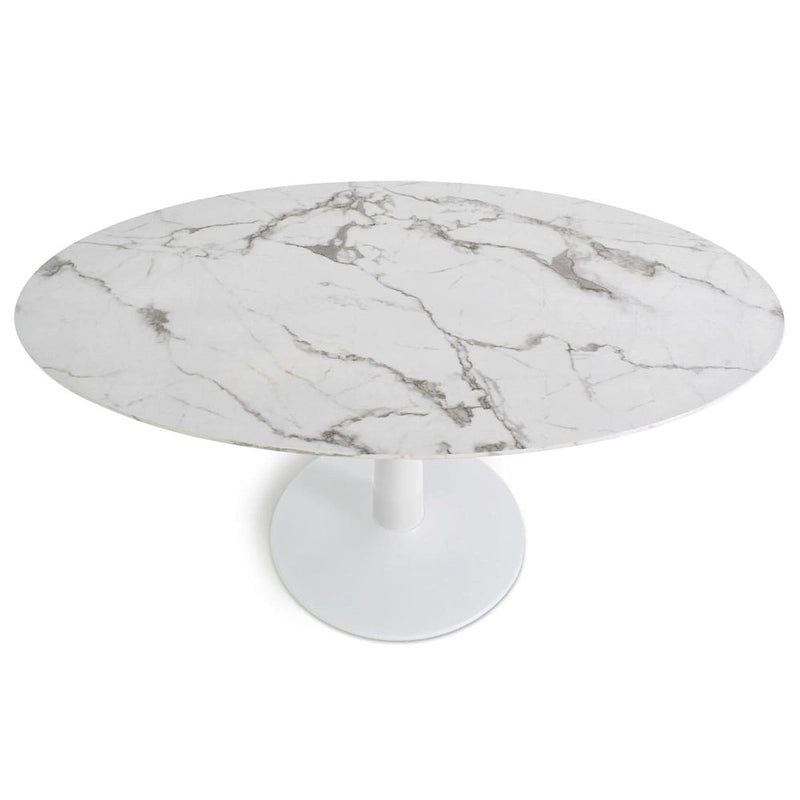Oval White Faux Marble Topped Pedestal Dining Table