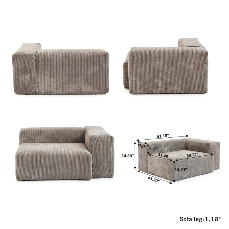102 L-shape Corduroy Upholstered Sectional Couch Oversize Modern Minimalist Sofa