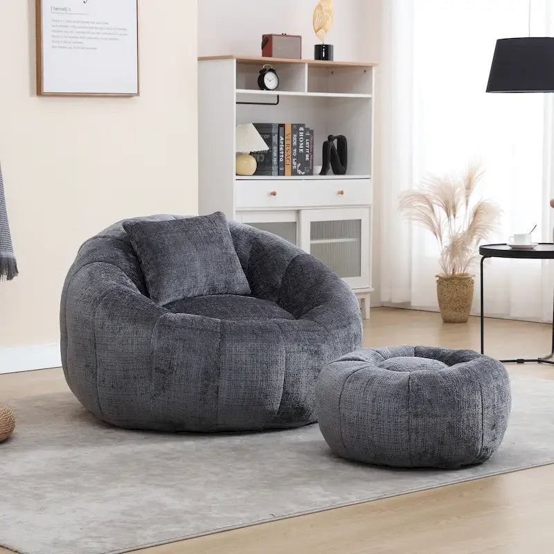 HOMEFUN Chenille Upholstered Round Lazy Cozy Bean Bag Chair with Ottoman and a Pillow