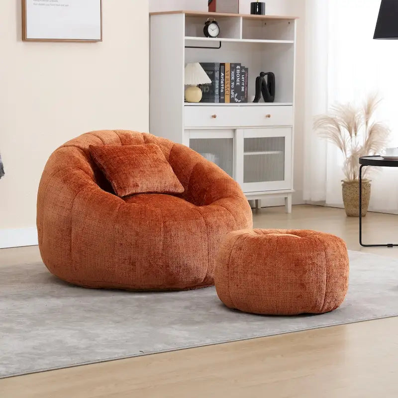 HOMEFUN Chenille Upholstered Round Lazy Cozy Bean Bag Chair with Ottoman and a Pillow