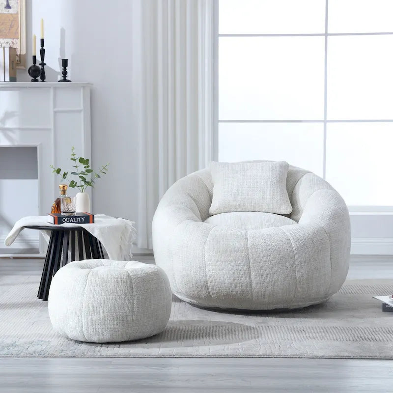 HOMEFUN Chenille Upholstered Round Lazy Cozy Bean Bag Chair with Ottoman and a Pillow