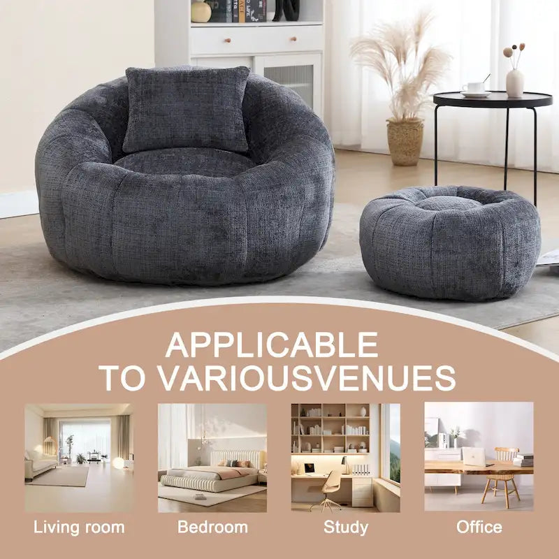 HOMEFUN Chenille Upholstered Round Lazy Cozy Bean Bag Chair with Ottoman and a Pillow