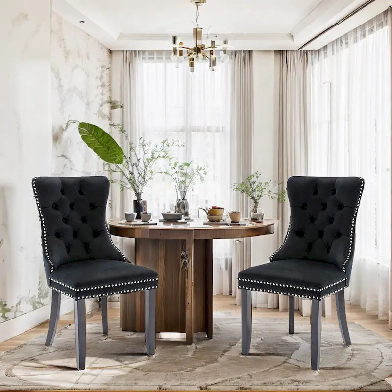 Set of 2 Velvet Dining Chairs,Tufted Solid Wood Armless Chairs Accent Chair with Nailhead Trim and Back Ring Pull