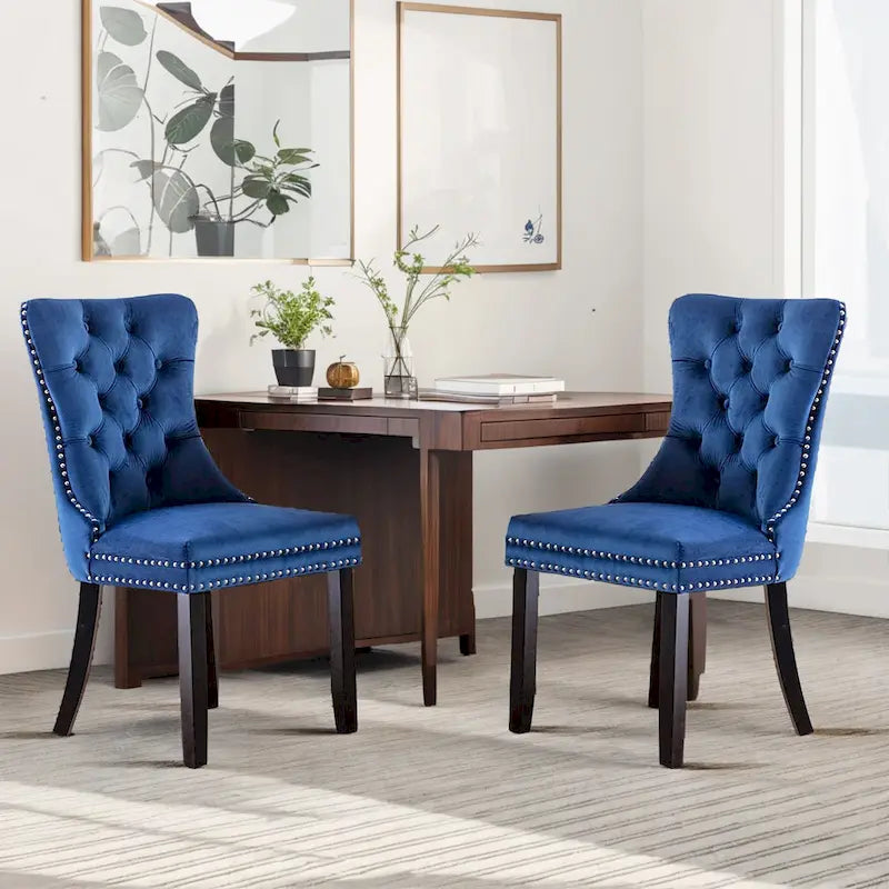 Set of 2 Velvet Dining Chairs,Tufted Solid Wood Armless Chairs Accent Chair with Nailhead Trim and Back Ring Pull