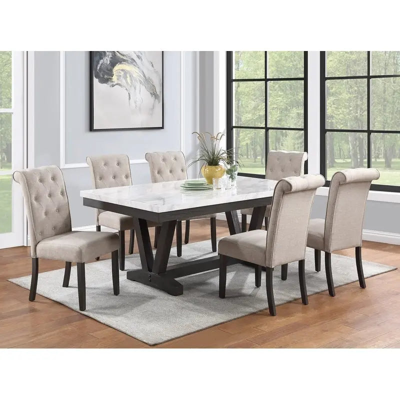 Solid Wood 7 Piece Faux Marble Wrap Table Top Dining Set