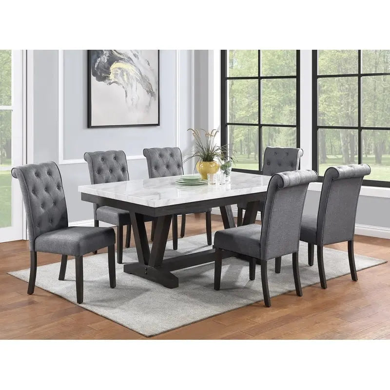 Solid Wood 7 Piece Faux Marble Wrap Table Top Dining Set