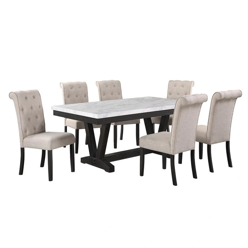 Solid Wood 7 Piece Faux Marble Wrap Table Top Dining Set - Grey - Photo 2
